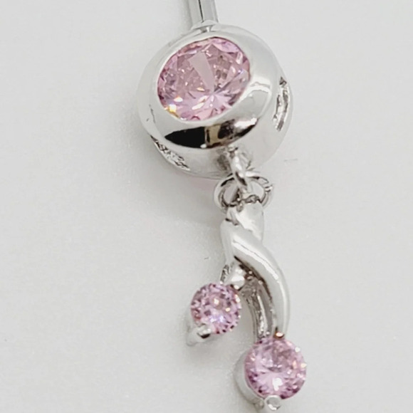 NWOT Sterling Silver Belly Button Ring with Pink Cubic Zirconia - Picture 3 of 4